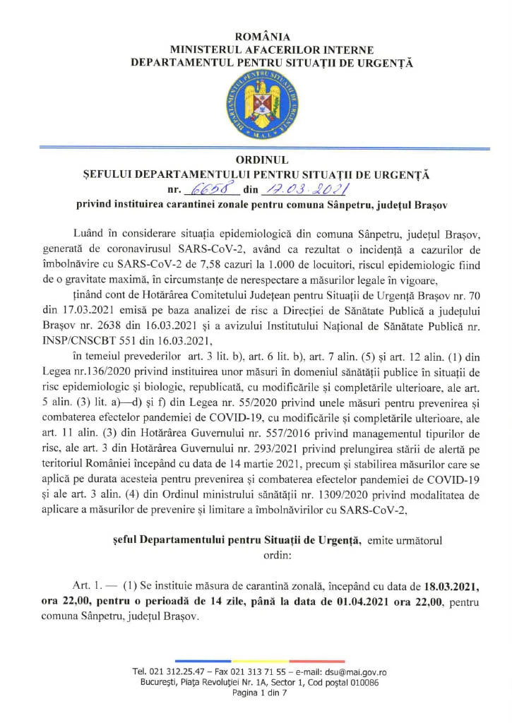 Oficial. Sânpetru intră în carantină începând de astăzi! Urmează Brașovul?  1