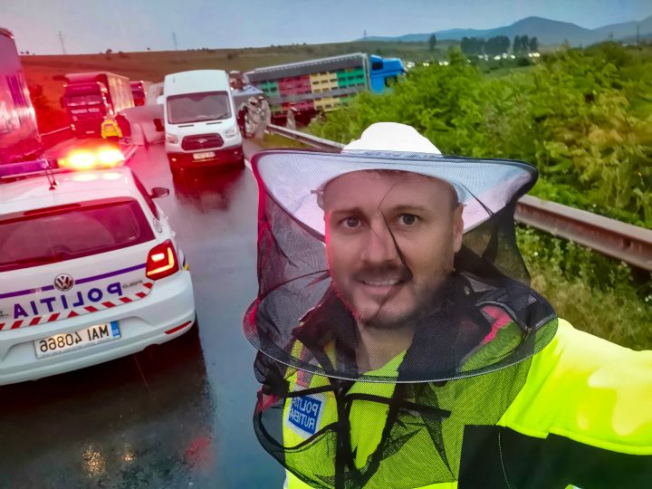 (Foto) Accident Brașov. Un camion încărcat cu stupi de albine s-a răsturnat. Polițistul Daniel Zontea: „O fie el cel mai dulce accident, dar înaripatele astea mici nu-mi ascultă deloc comanda” 2