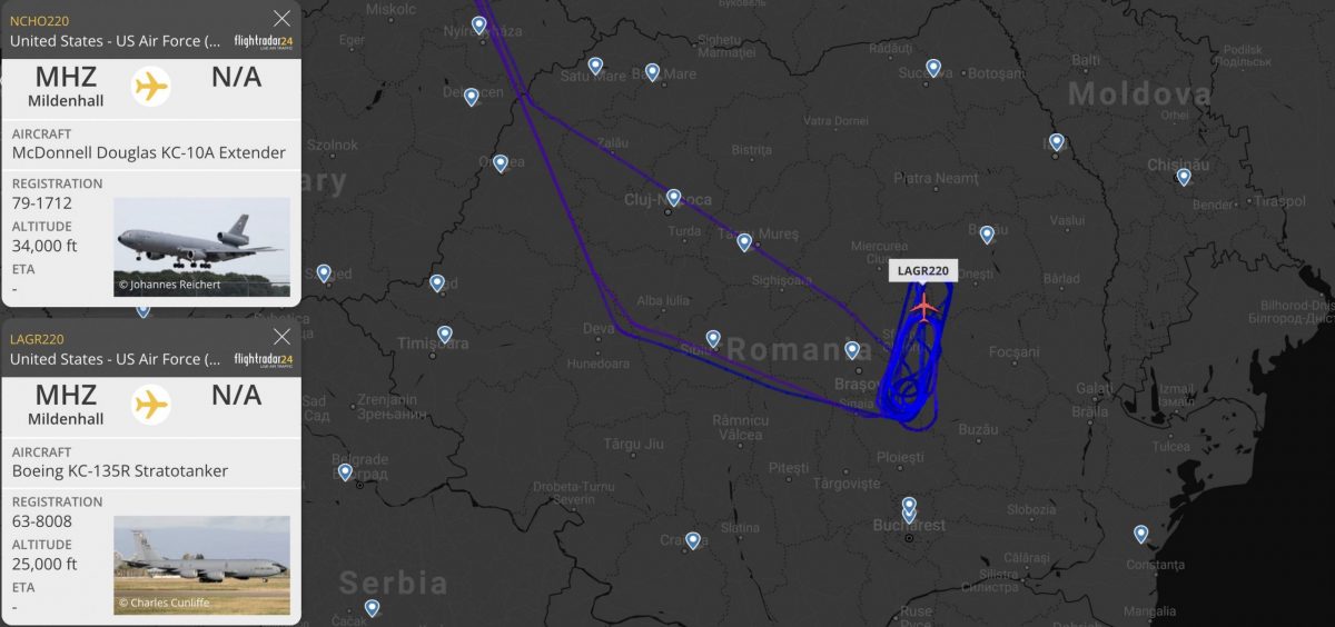 Avioane militare americane deasupra Brașovului. „Cele două avioane americane, pe care multă lume le-a observat pe Flightradar24, au efectuat sâmbătă după-amiază misiuni de realimentare aeriană în zona Brașovului” 1