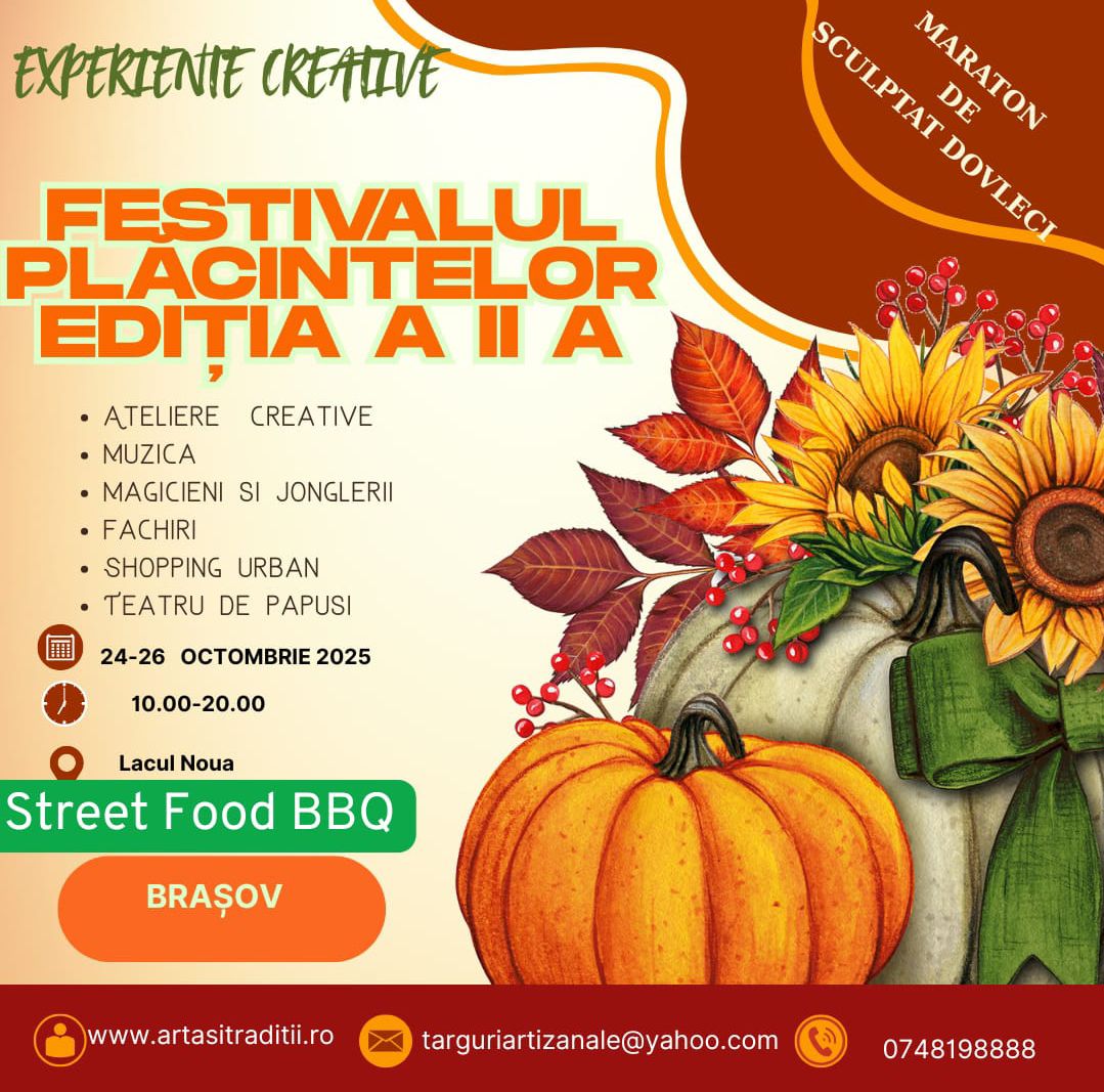 Evenimente Brașov, duminică 26 octombrie: Festivalul Plăcintelor, Târgul frumos de Brumărel, hochei, protest pașnic pentru protejarea arborilor din Parcul Central, Stand-up 1 Evenimente Brașov, duminică 26 octombrie: Festivalul Plăcintelor, Târgul frumos de Brumărel, hochei, protest pașnic pentru protejarea arborilor din Parcul Central, Stand-up 1